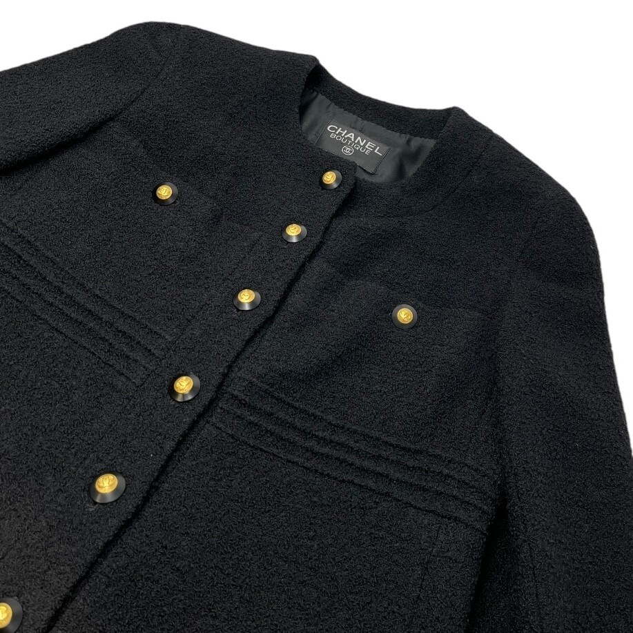 CHANEL Vintage CC Logo Long Tweed Jacket #M Coat Black Gold Wool Silk 105043
