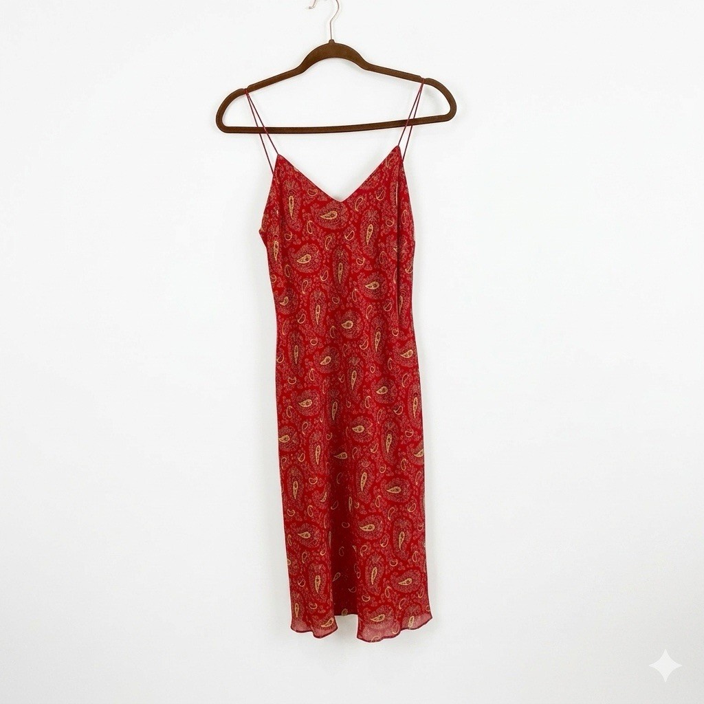 NWT Vintage Ralph Lauren Red Paisley Slip Dress Size 4 90s Silk-Look Rayon