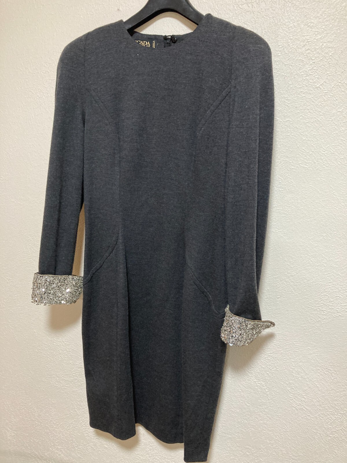 Vintage Dark Grey Wool Escada Margaretha Ley Dress EU40 w/Removable Cuffs R