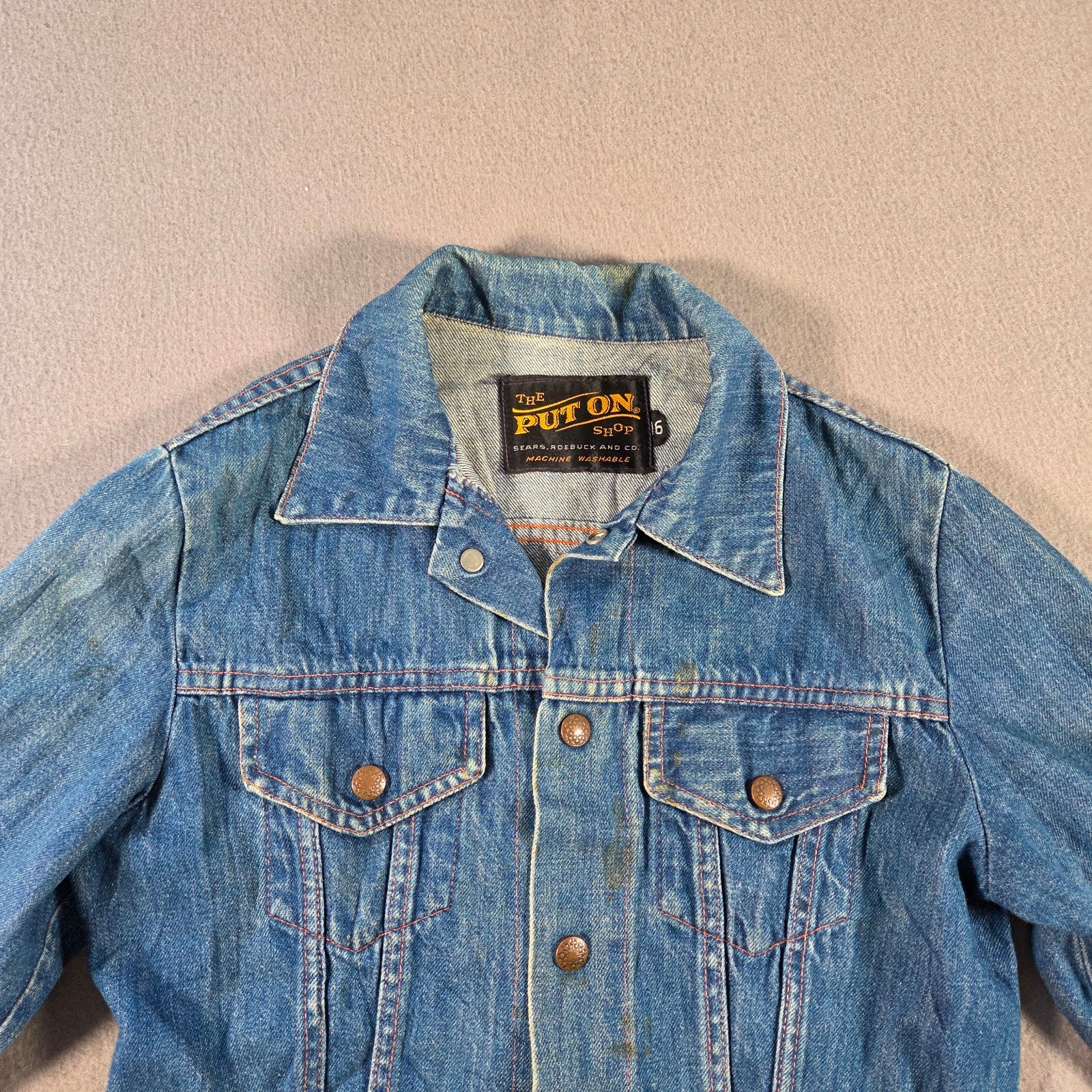 Vintage Sears Jacket Womens Small Denim Snap Put On Shop 80s Workwear Distressed