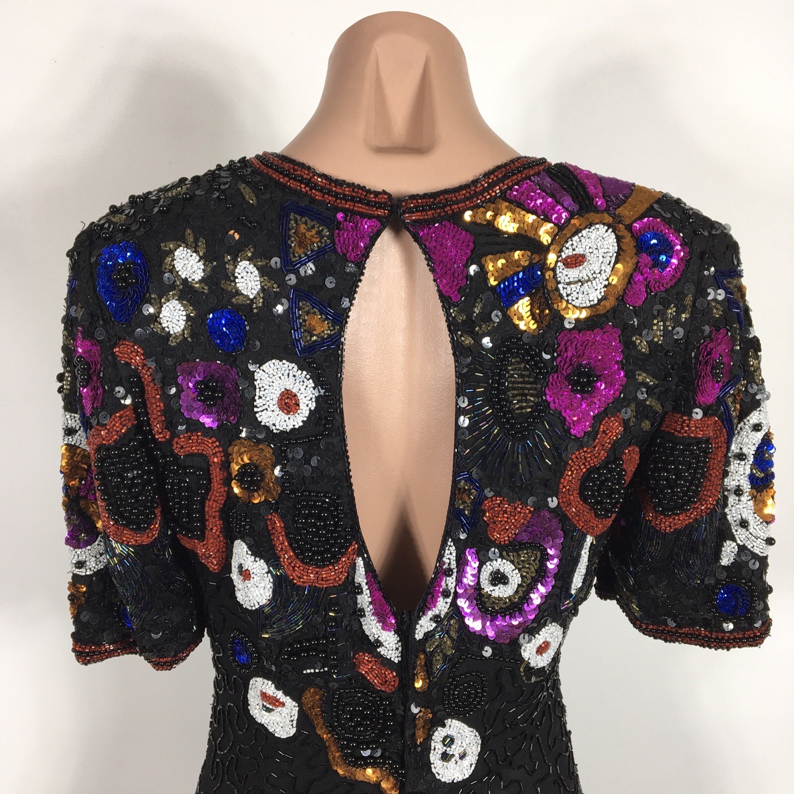 Vtg 80s Black Floral Silk Sequin Beaded Cocktail Party Gown Glam Dress P S EUC