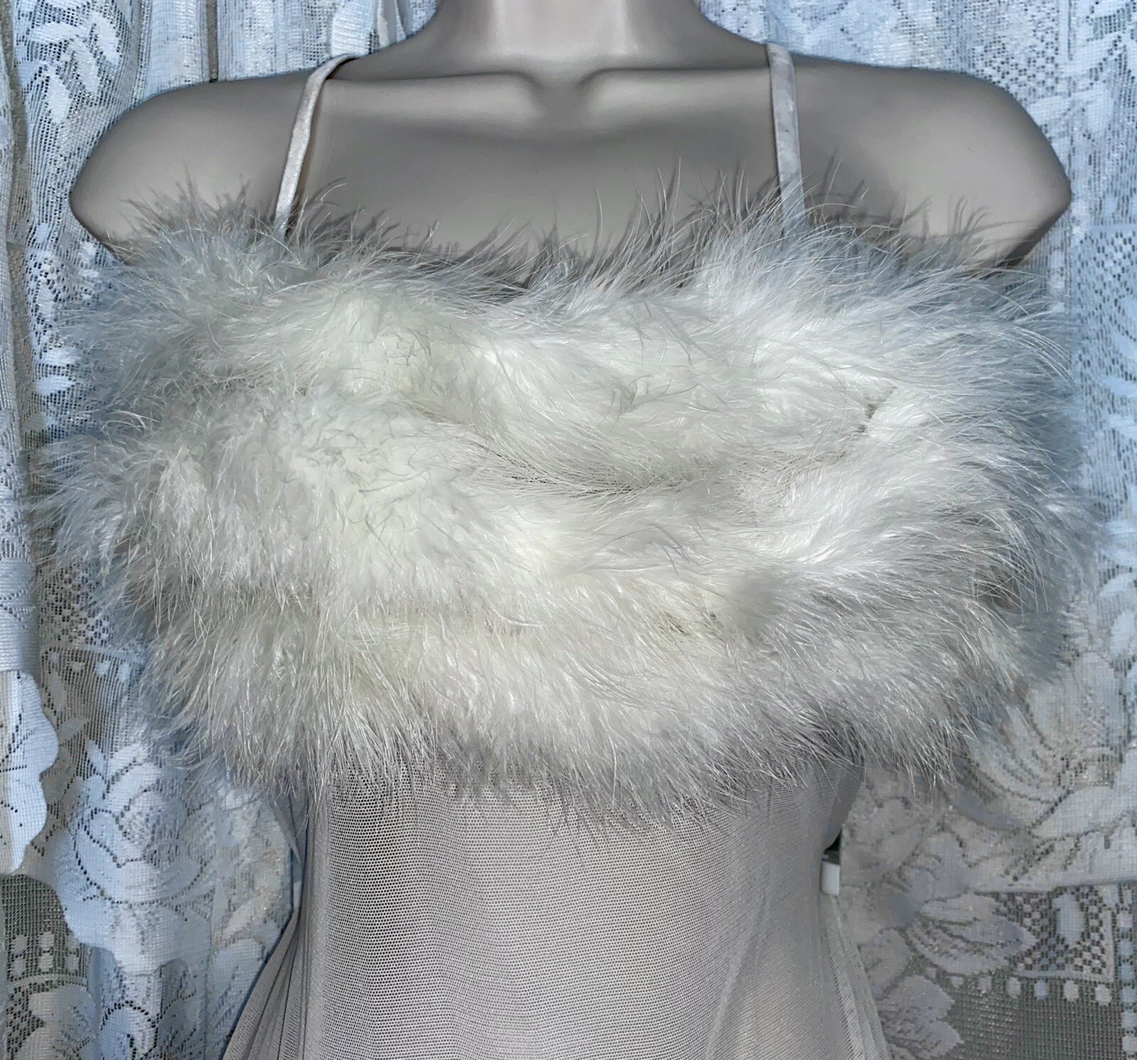 VTG VS M+ White Bridal Sheer Chiffon Nylon Teddy Romper nightie Marabou Trim USA