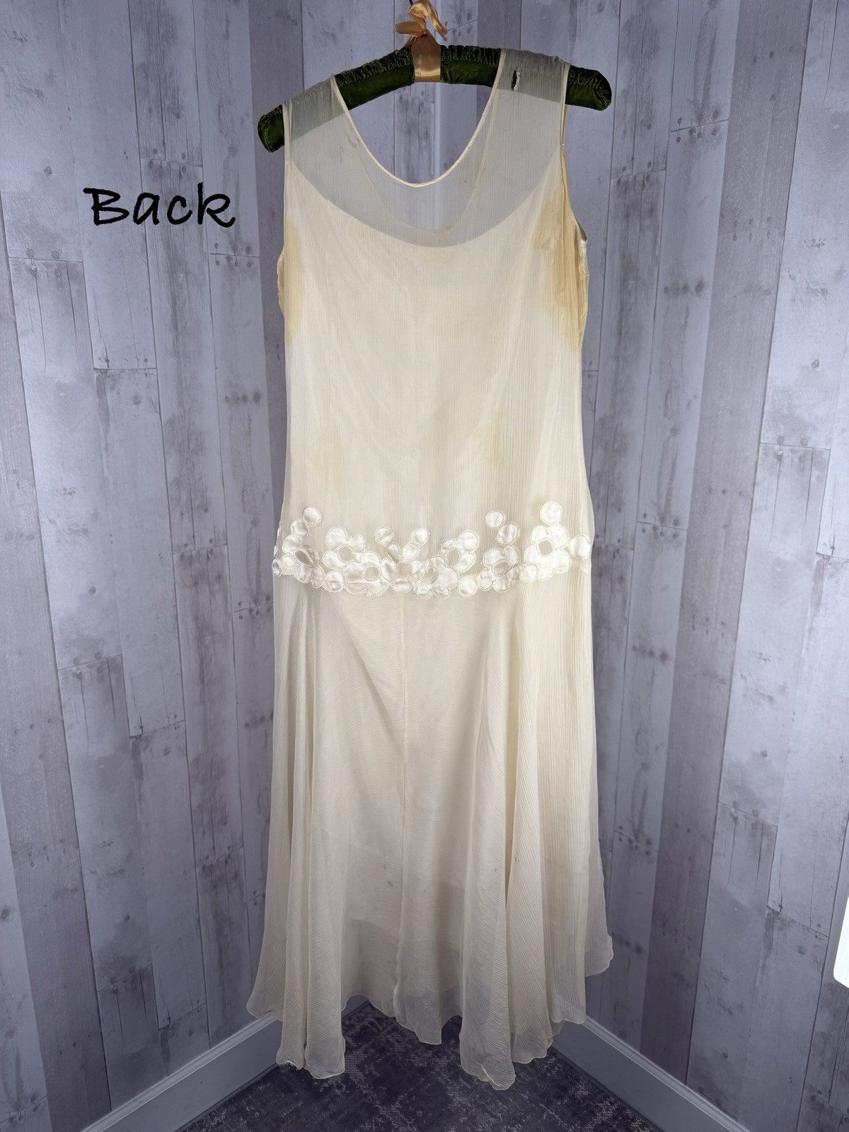 Vintage Antique 1920s Silk Flapper Wedding Dress Ivory Appliqué As-Is WOUNDED