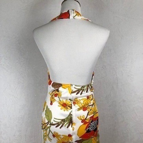 VTG 70s Floral Poppy Open Back Round Neck Halter Maxi Dress Sz S/M White