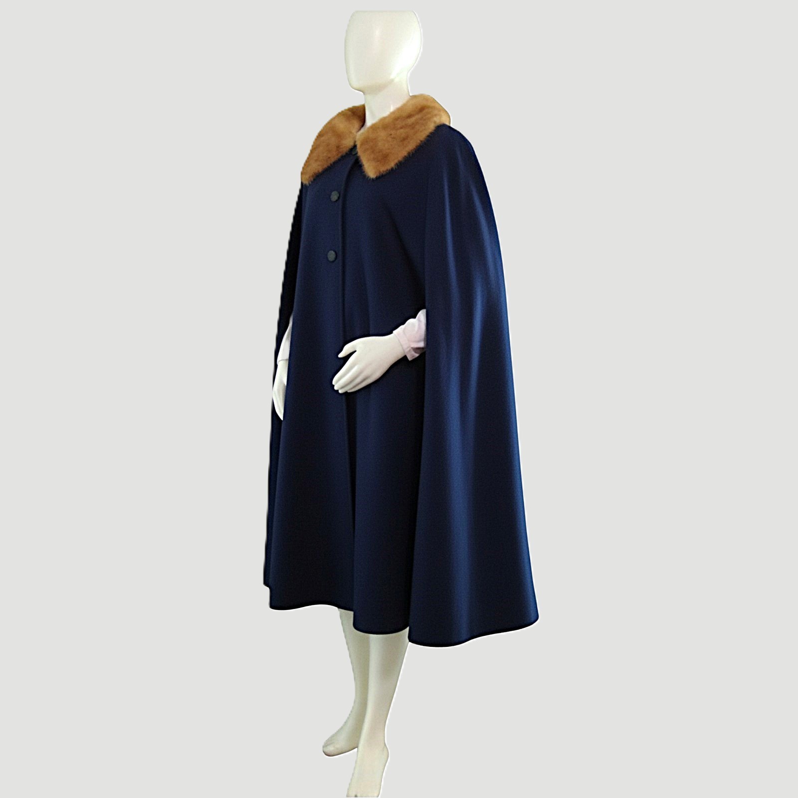 Vintage 1950s Opera Cape Cloak Navy Wool Fur Collar Swing Coat Satin Lined