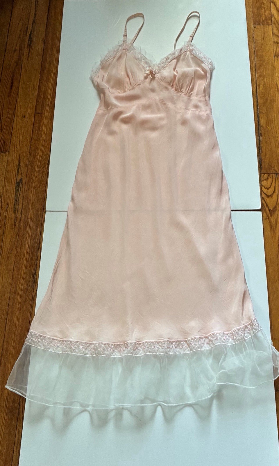 Vintage Pink Charmode Sears Roebuck Rayon Lace Tulle Nightgown Small ￼1950’s