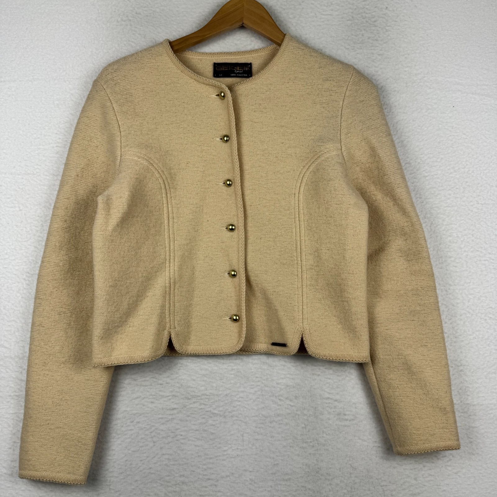 Vintage Geiger Tyrol Women&rsquo;s 42 Beige Wool Gold Button Coat Blazer Top Austria