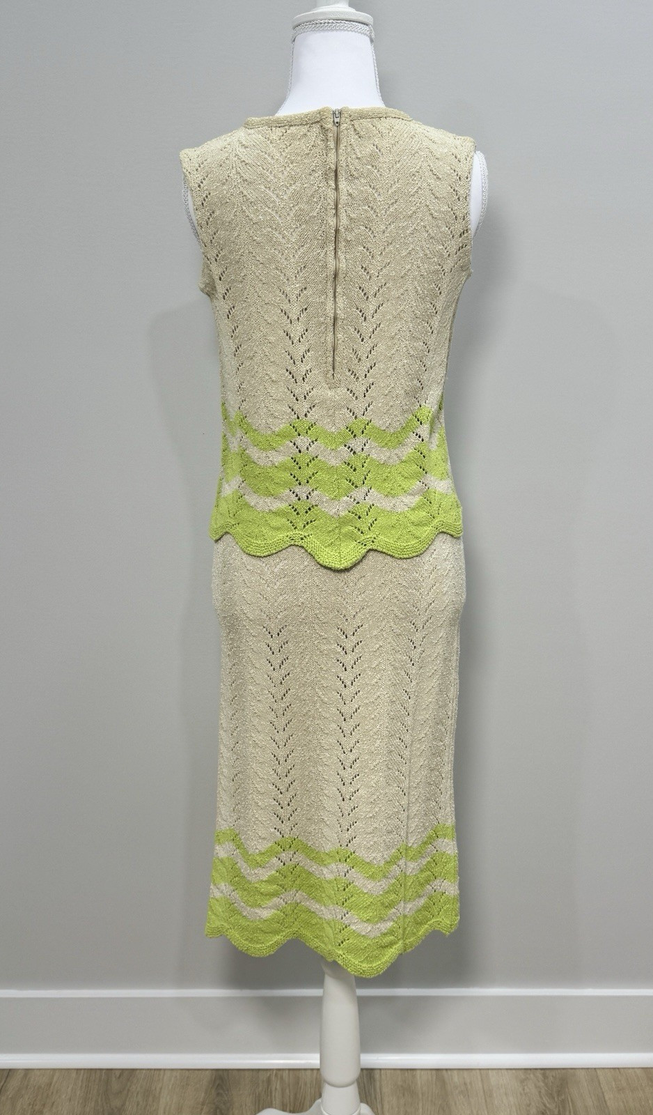 Vintage 1960s Mister Sig Knit Top Skirt Set Cream Lime Green ILGWU Small