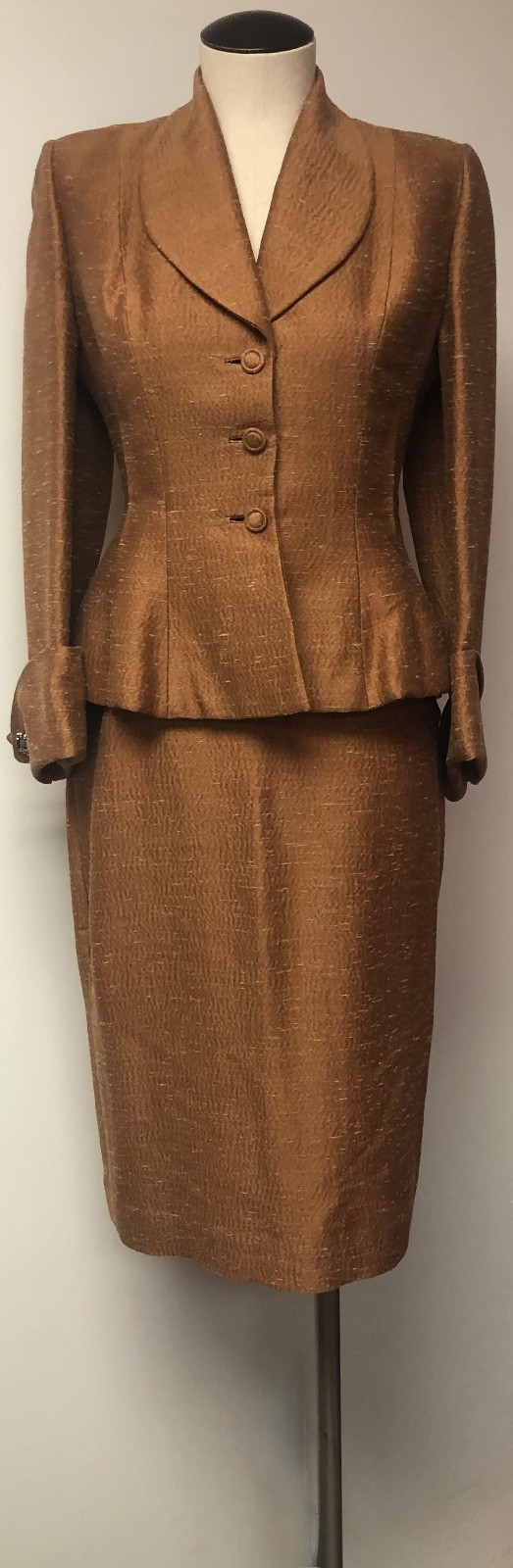 LILLI ANN VNTG LATE 1940&rsquo;S 50&rsquo;S BRONZE SILK MOHAIR PEPLUM JACKET & SKIRT SUIT S