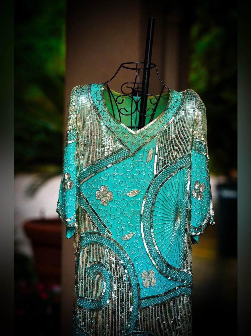Vintage 1920s-Style Turquoise Silver Beaded Sequin Silk Gown