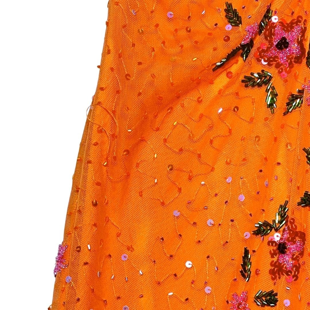 Vtg Y2k Womens Orange Sequin Ruffle Balletcore Fairy Prom Dress Sz S FLAW