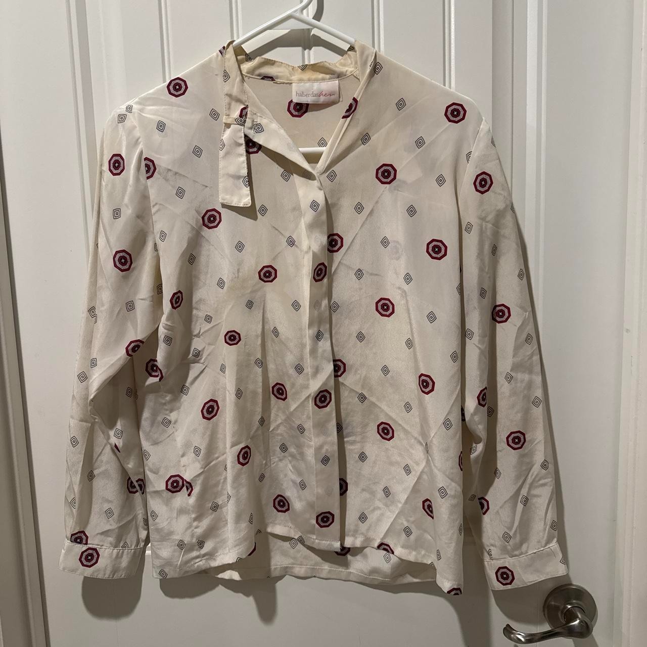 Cream vintage 90s blouse with red and gray geometric pattern, Size S, Good Con