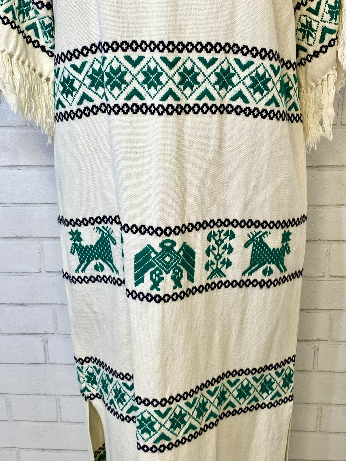 Vintage 70’s Folk Needlepoint Embroidered Fringe Kaftan Maxi Traditional Dress