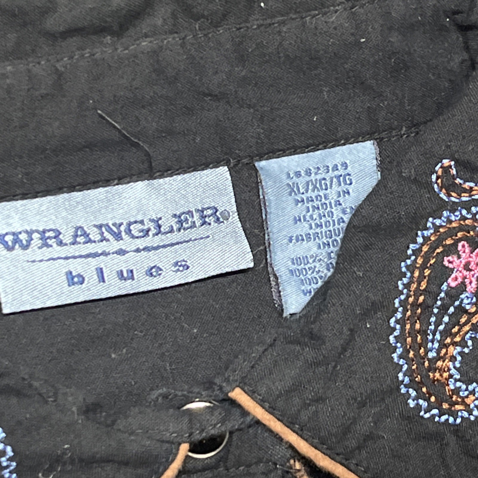 Vintage Wrangler Blues Western Snap Button Womens Youth Size XL Black Shirt