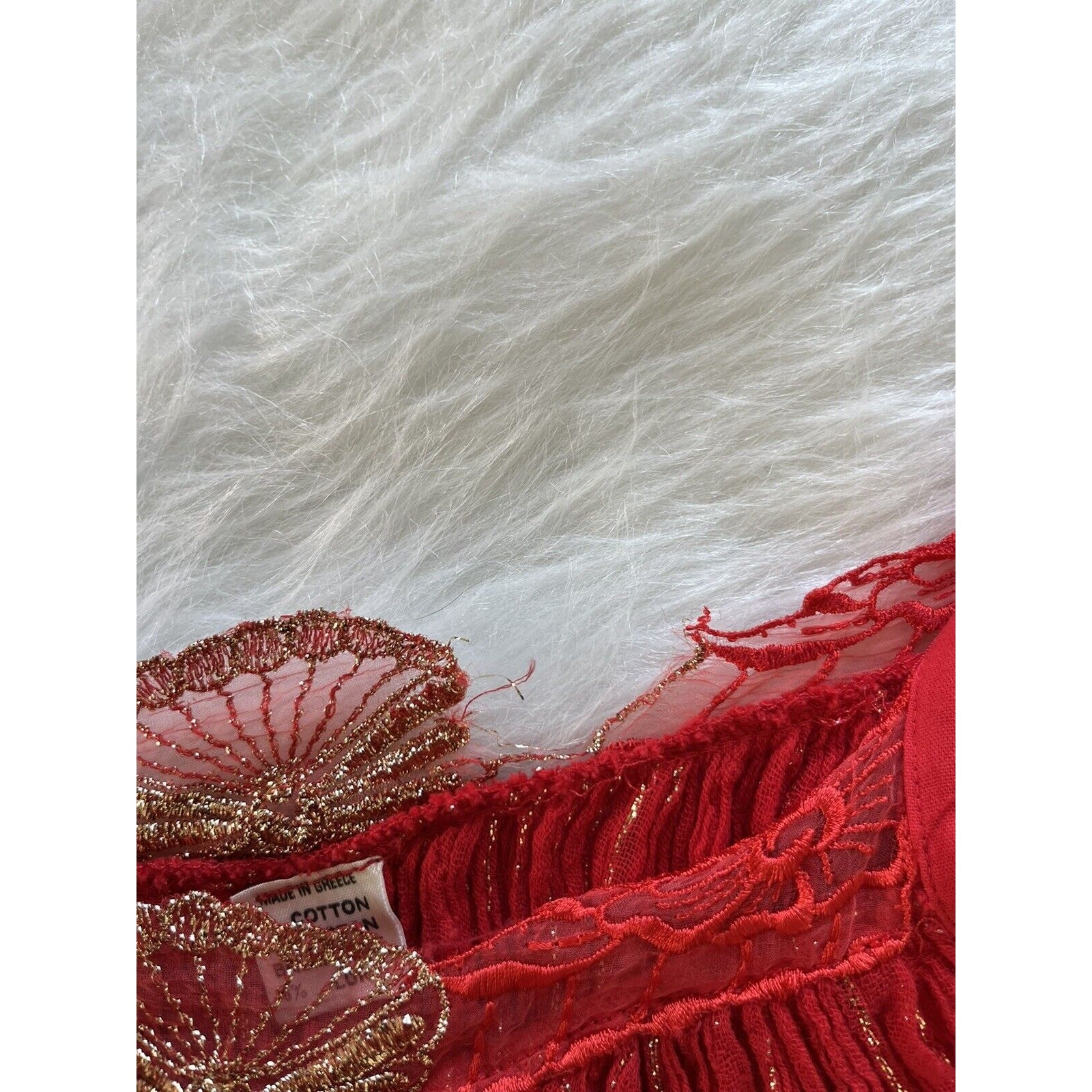 Vintage Rare Maxi Dress M Cotton Gauze Made in Greece Red Gold Thread Boho