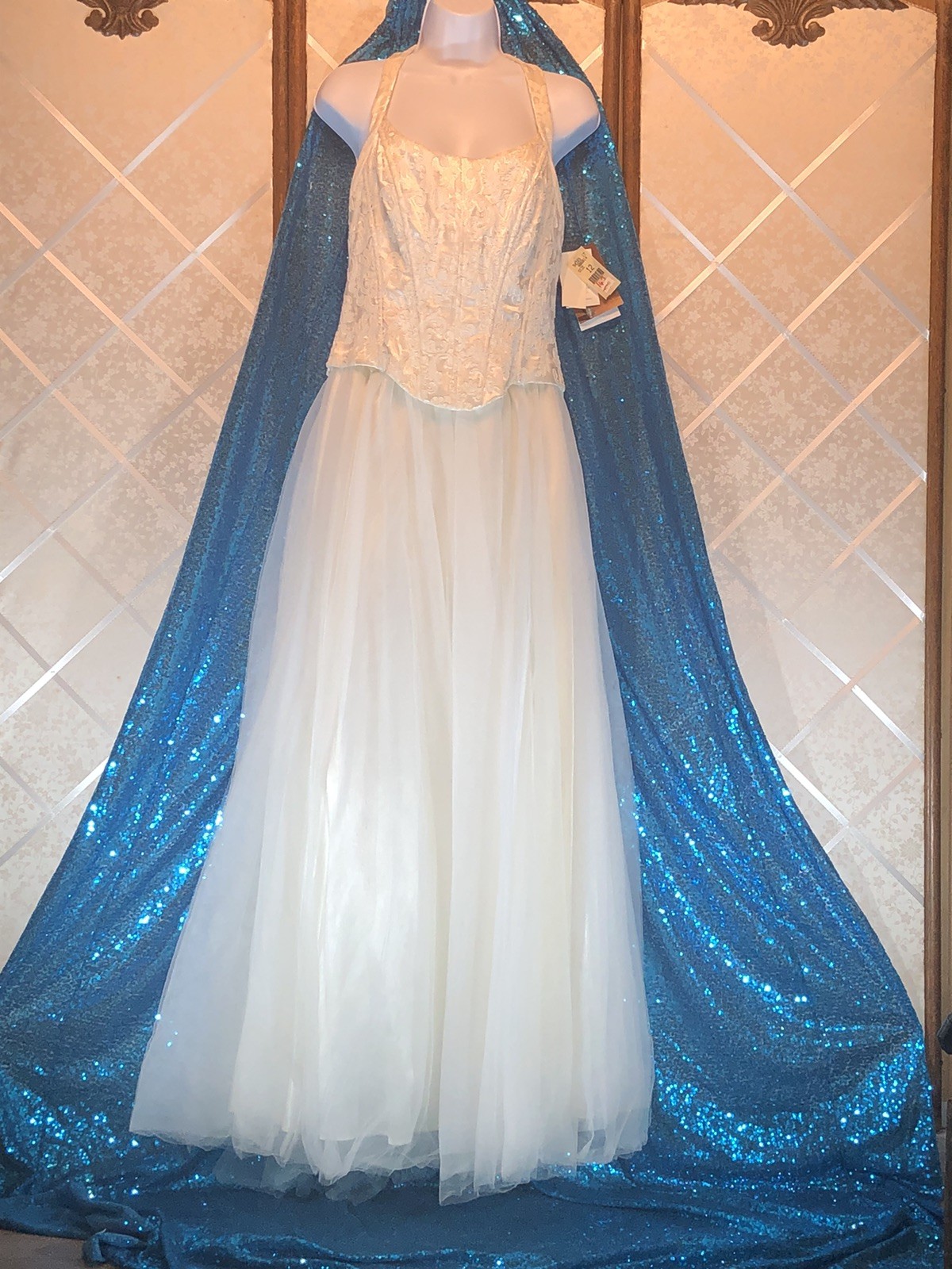 90s Vintage Jessica Howard Brocade Corset Waist Halter Ivory Tulle Prom Dress~12