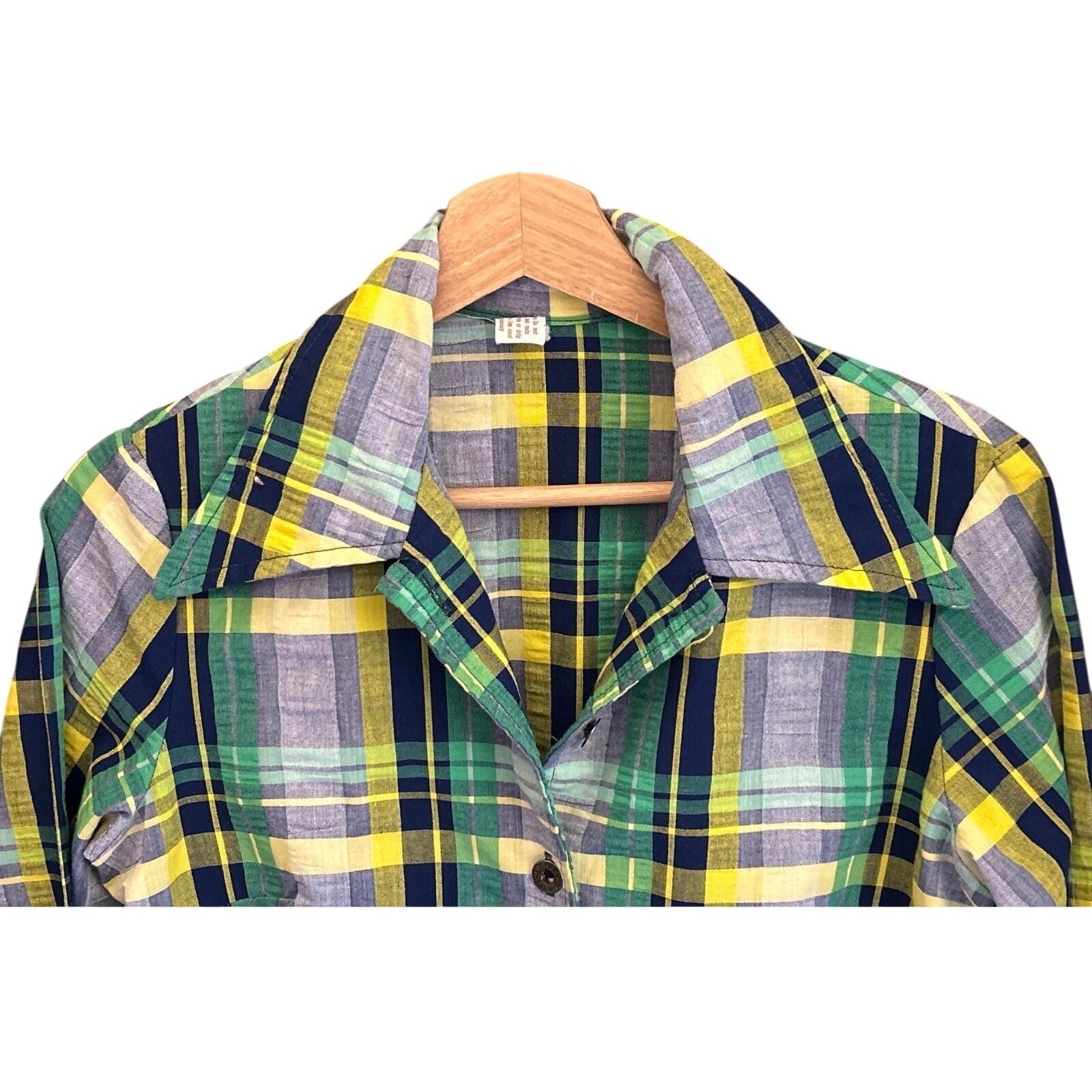 Vintage 70s Plaid Button Down Shirt Retro Mod Disco Style Green Yellow Eclectic