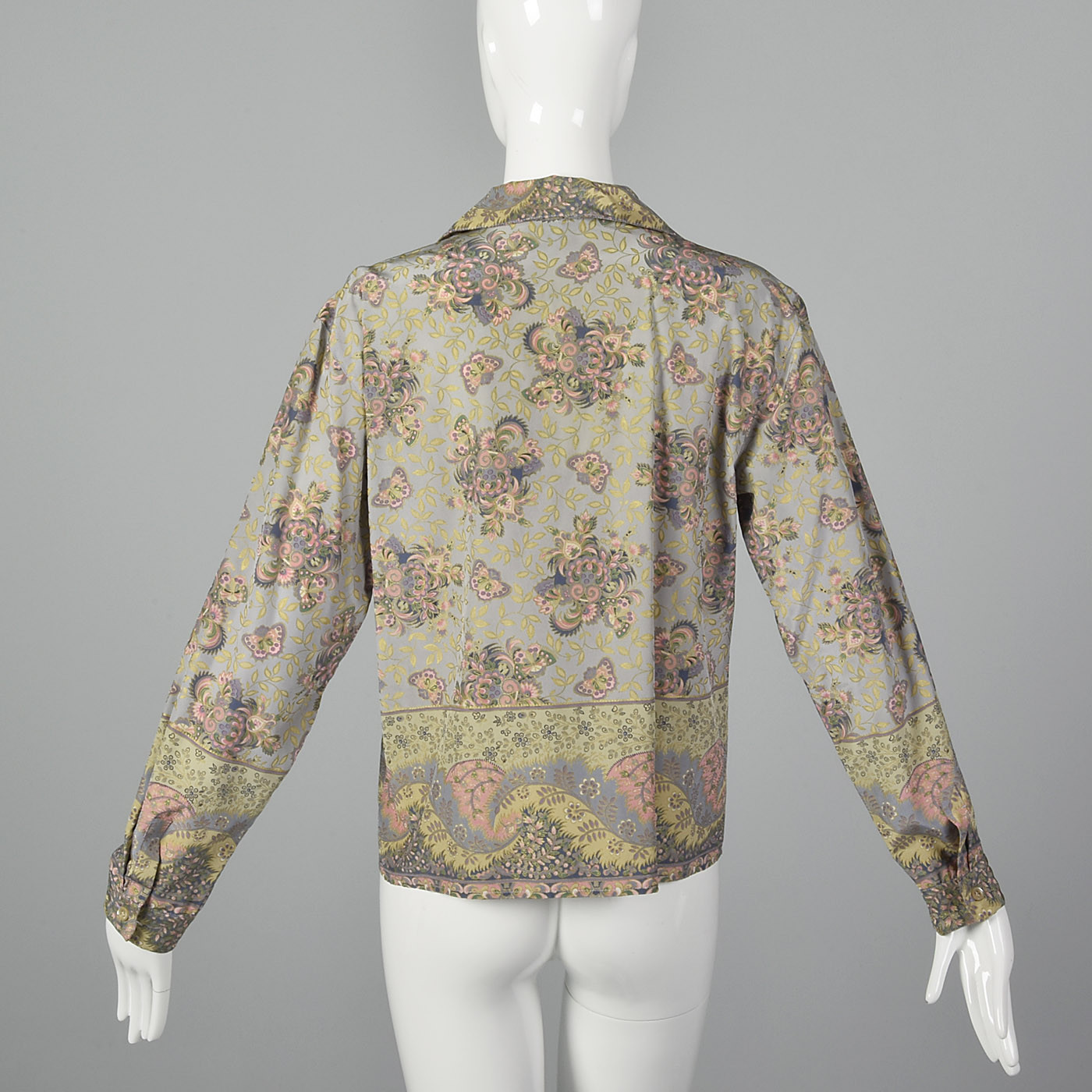 Large 1970s Byblos Silk Blouse Grey Baroque Print VTG Metallic Gold Button Up