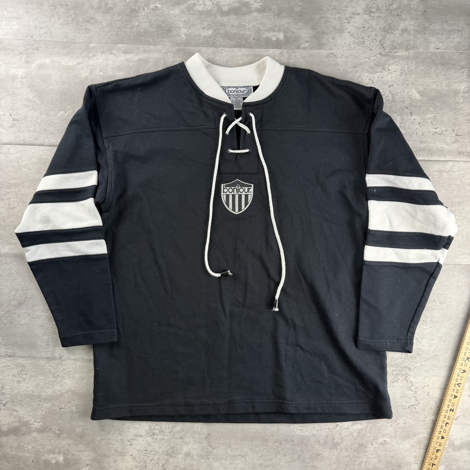 Bonjour Sporty Pullover Men&rsquo;s Black Lace Up Jersey Size M 90s Hockey Style