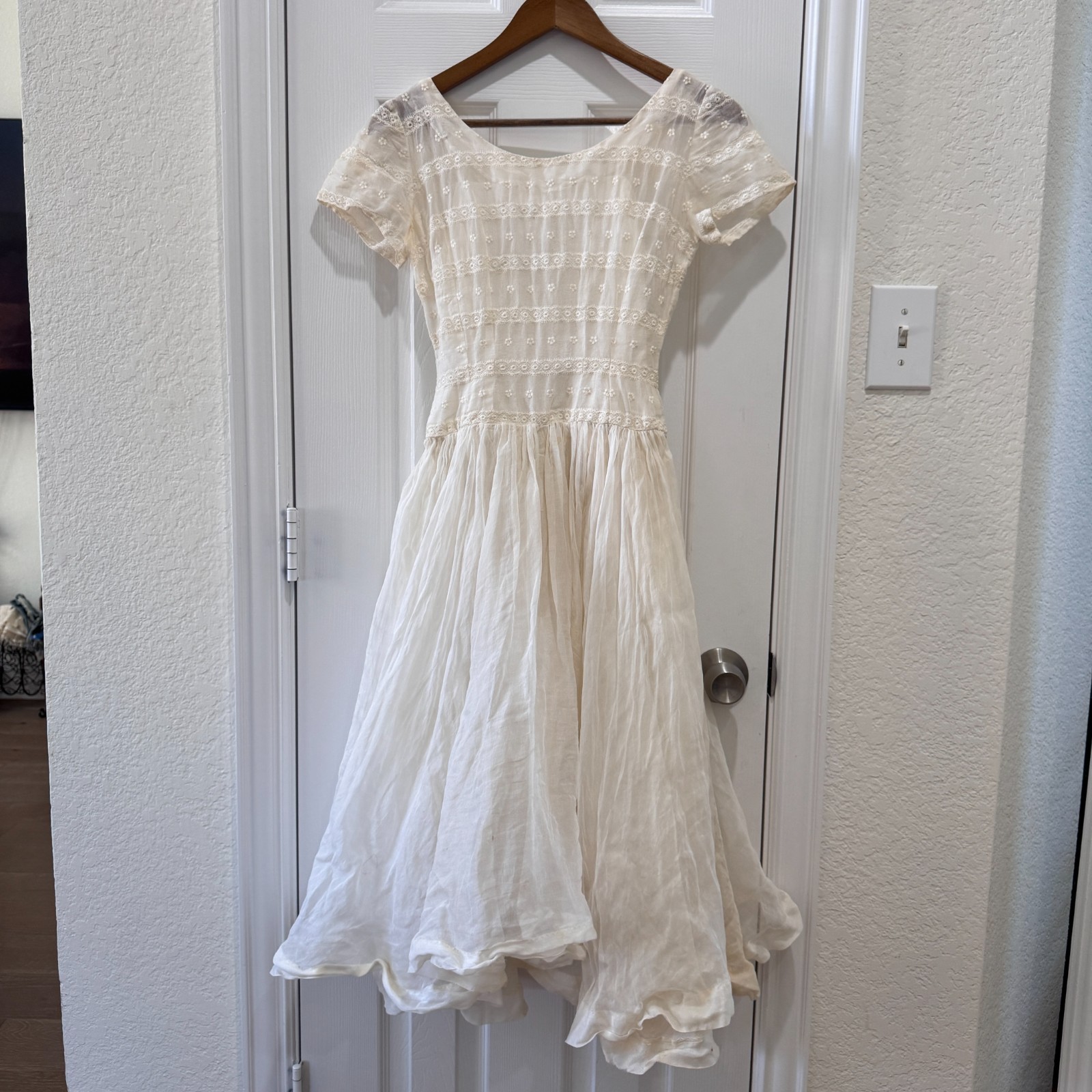 Vintage Tall & Small White Lace Prairie Dress Cottagecore Bridal Gauze XS S