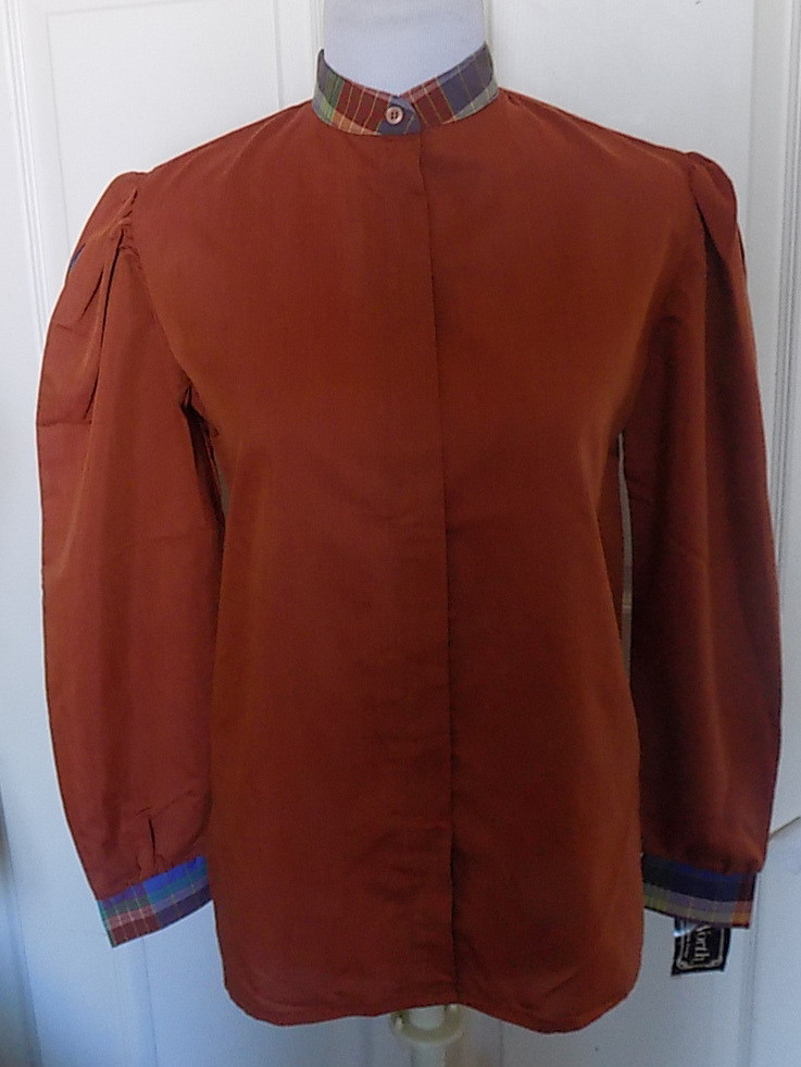 NOS Vintage 70s 80s Brown Blouse Plaid Trim & Sleeve Inserts BonWorth Size 12 **