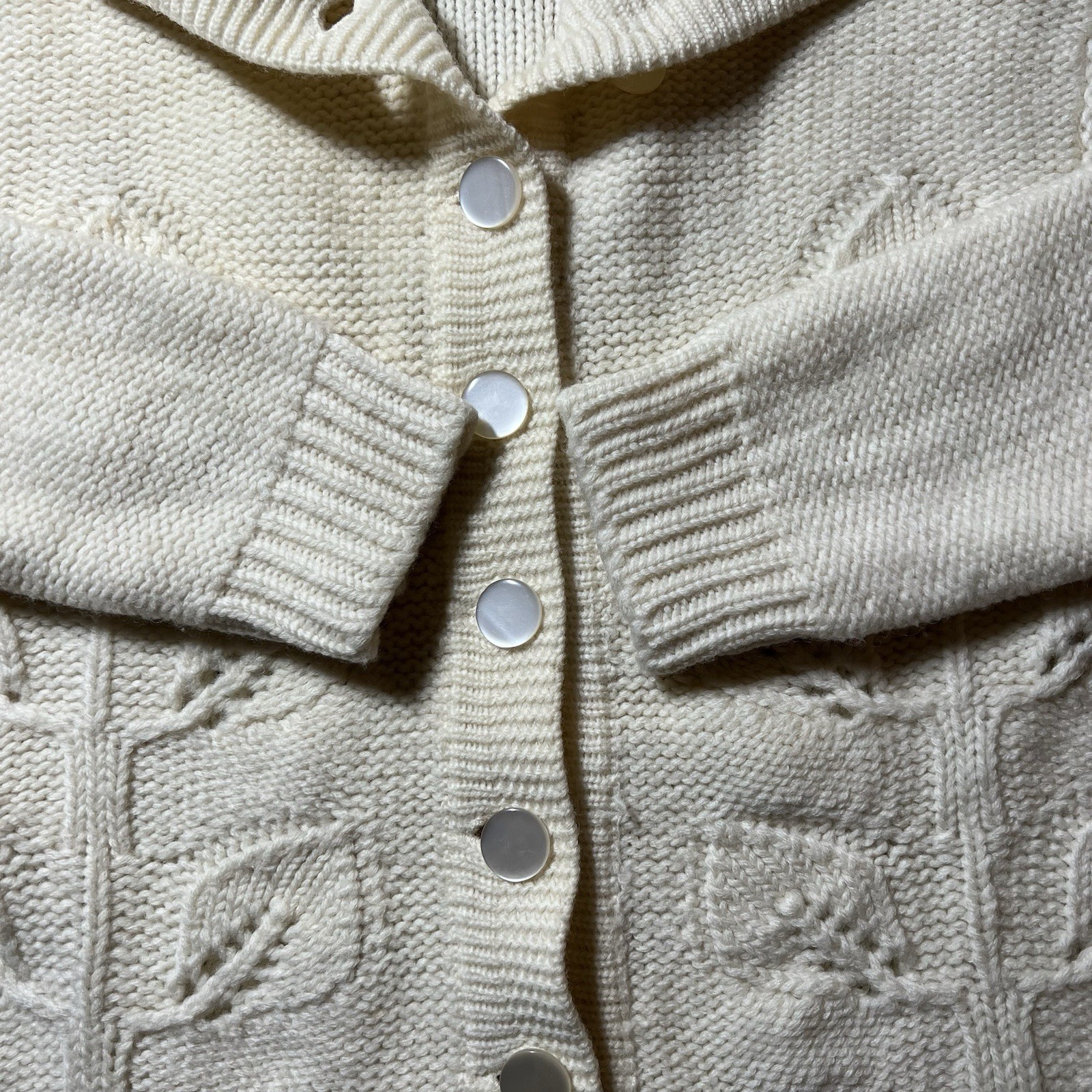 Vintage 60s Miles Sweaters Leaf Pattern Knit Cardigan Shawl Collar Wool Sweater