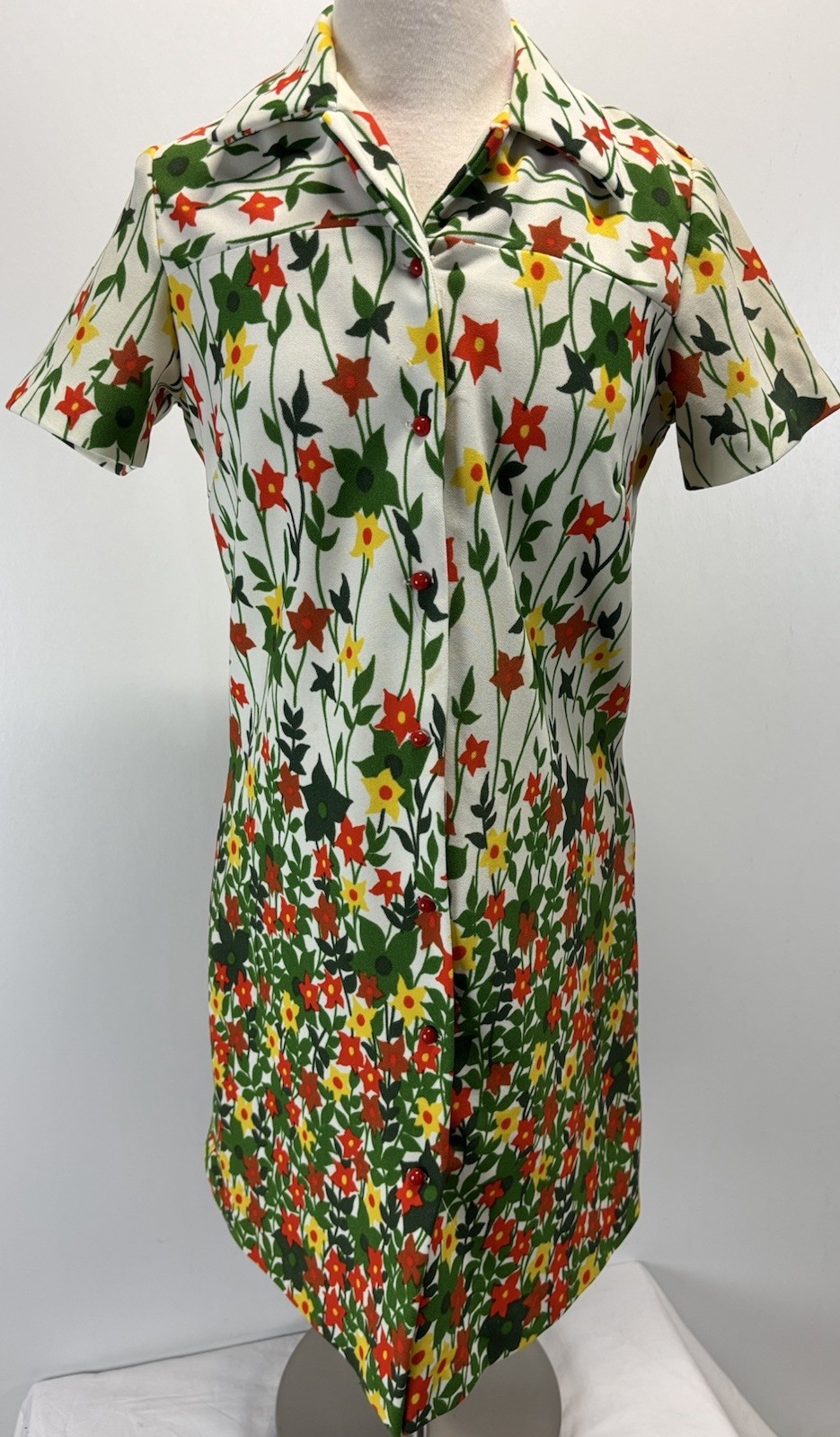 Vtg Unbranded Mod Gogo Floral Dress Button Front 38” Bust Rockabilly Button Up