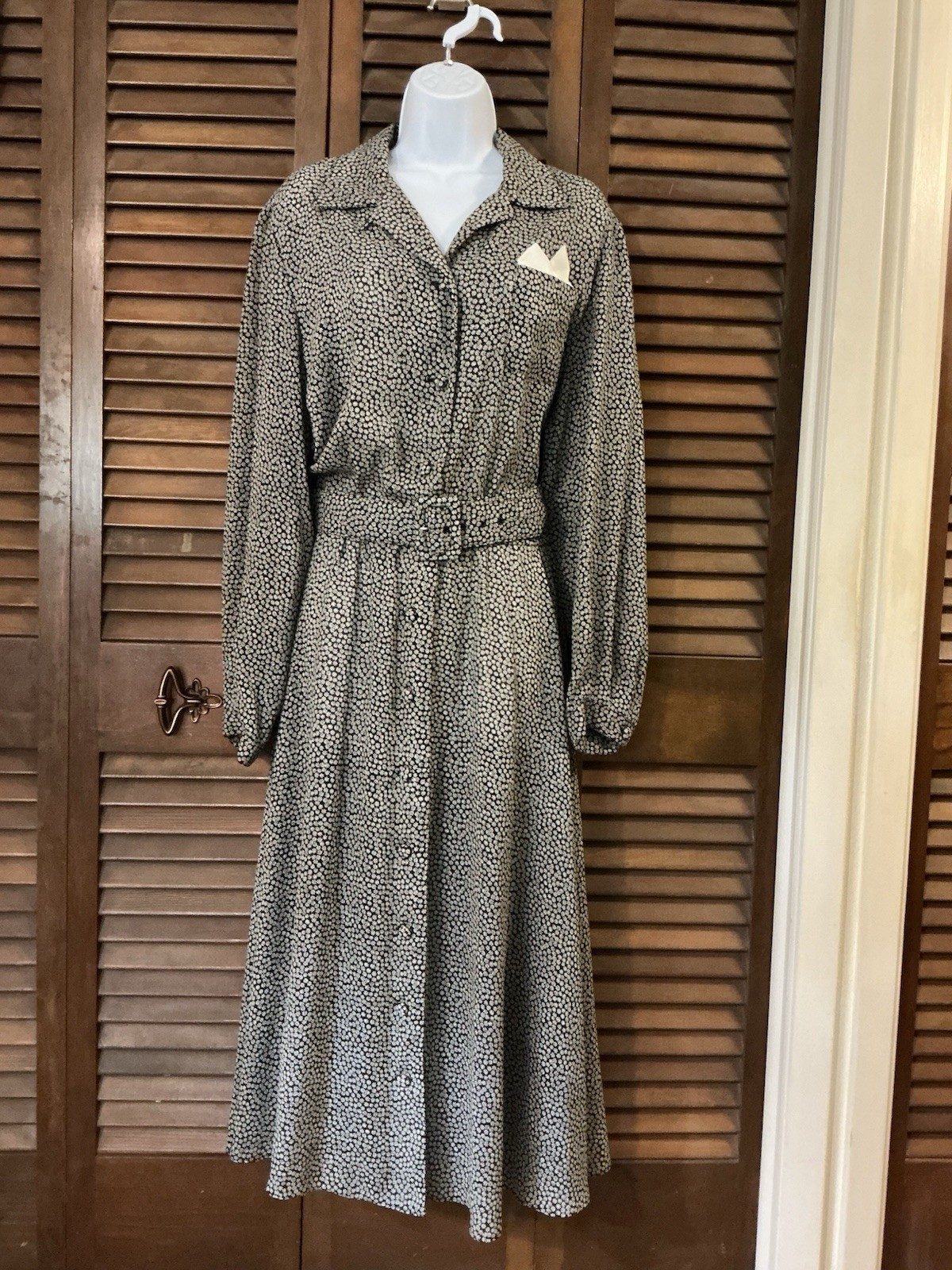 Vintage David Warren Shirtwaist Dress Size 16 Black White Print Covered Buttons