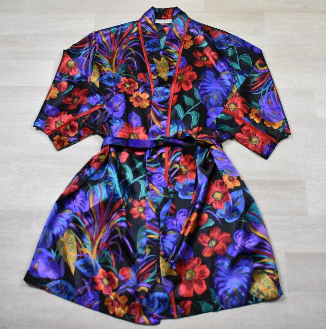 80s Lingerie Cacique Polyester Satin Robe Tropical Floral Satin Small VTG