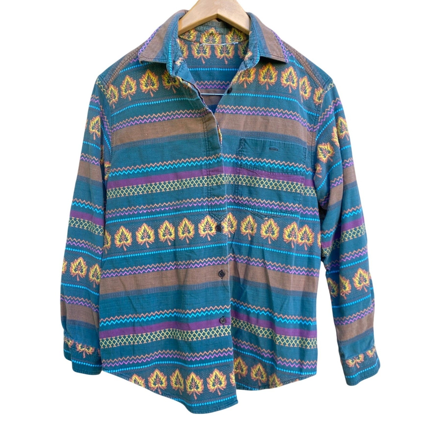 Vintage Southwestern Woven Leaf Button Down Shirt Medium Boho Western Granola