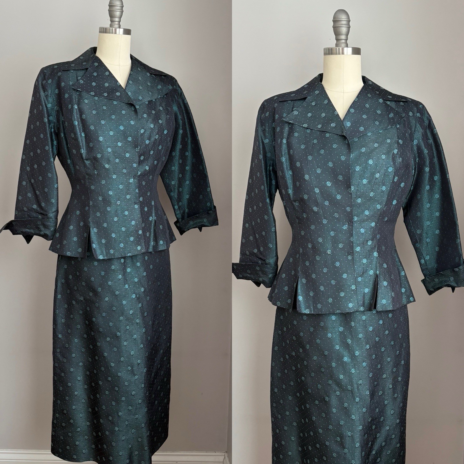 Vintage 1940’s Blue Taffeta Cherries Cherry Print Dress & Jacket Set Size XS/S