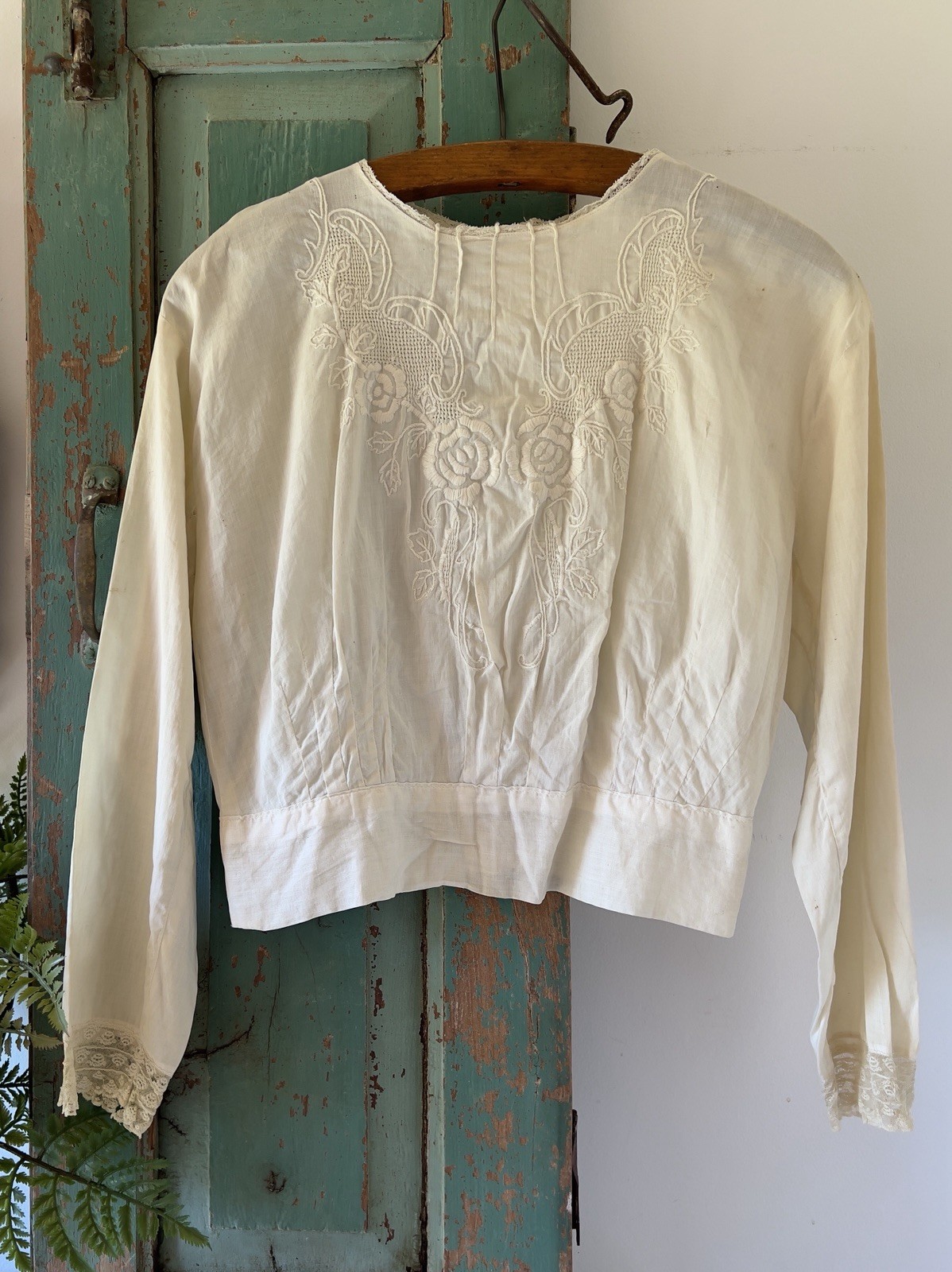 Antique Cotton Blouse Top Off White Hand Embroidered Lace Edwardian Button Back