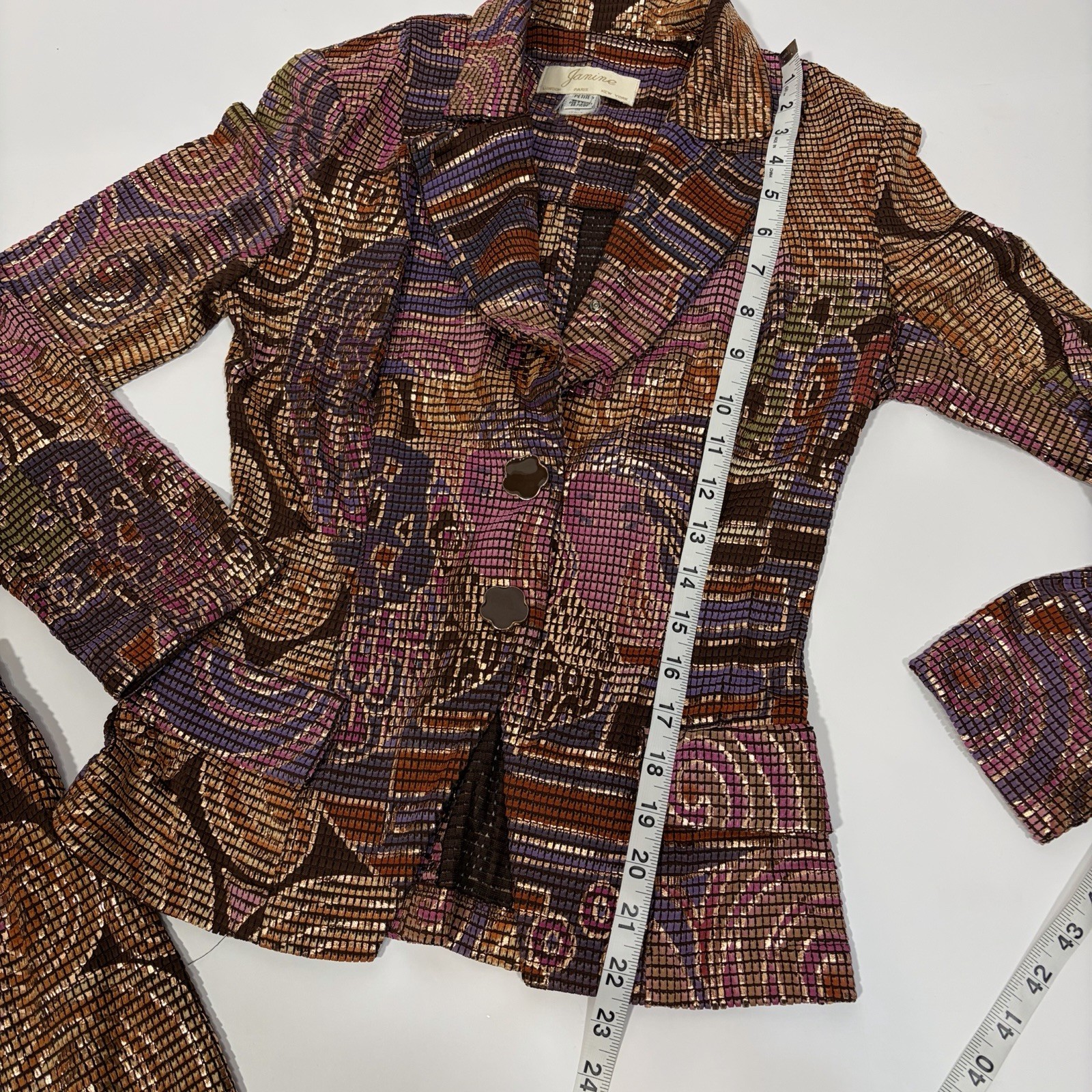Janine Petites Geometric Skirt Suit Brown Purple Gold Pink Multicolor