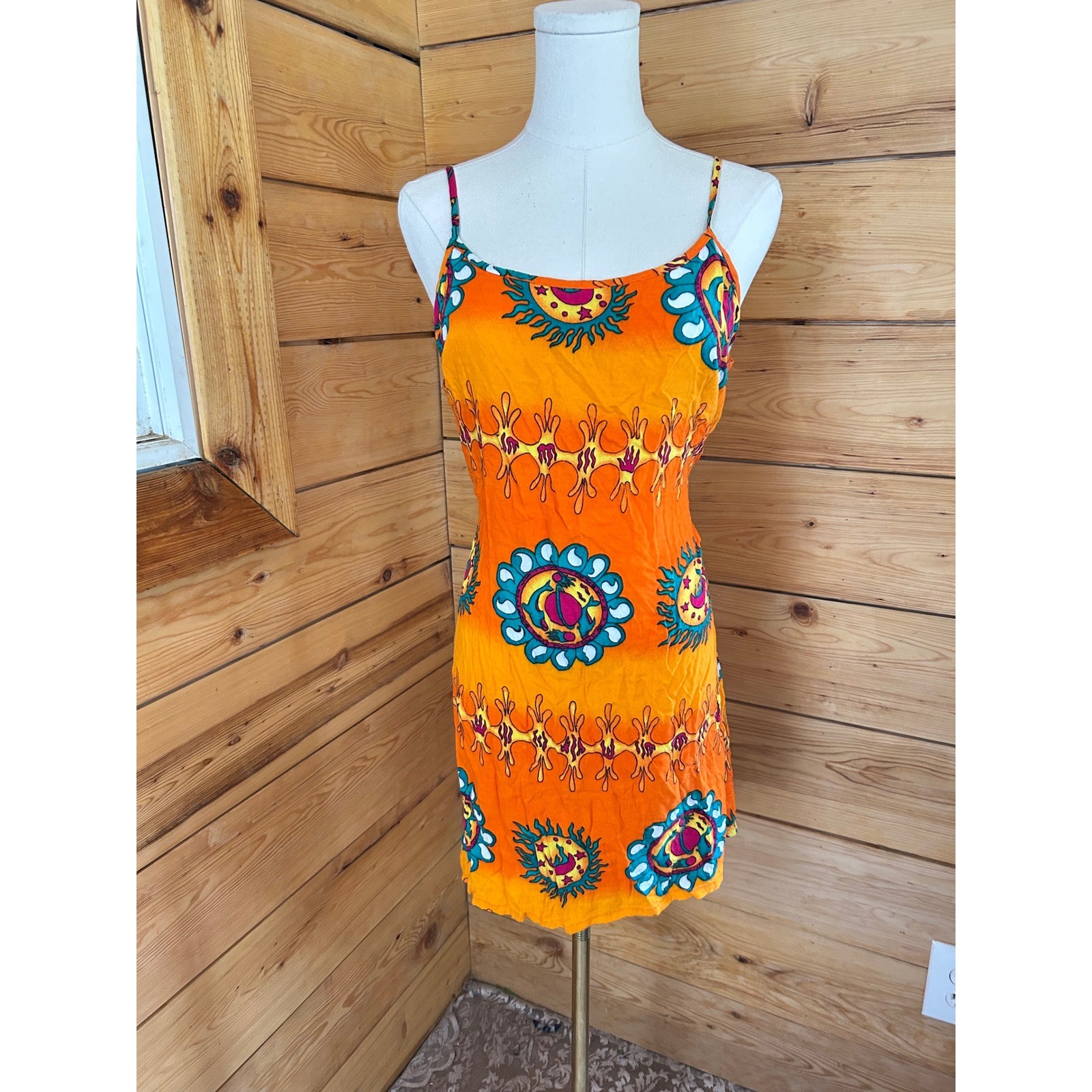 Vintage Cami Sundress Womens Extra Large Orange Celestial Sun Moon C.MATTEO Y2K