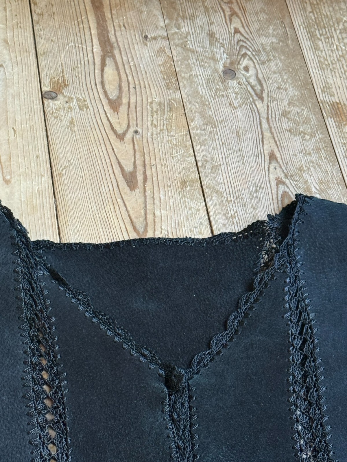 Vintage Leather Jacket Black Crochet Lace Boho Gothic Oversized 44 46 48
