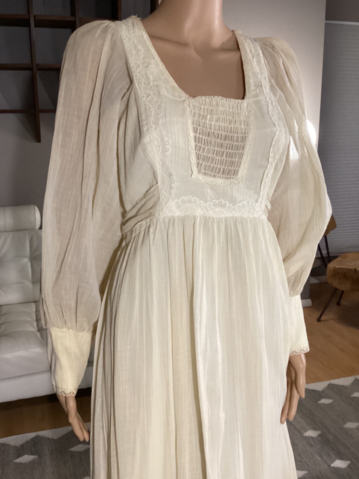 Vintage 1970&rsquo;s Creamy Ivory Gauze Boho Hippie Prairie Maxi Dress Lace Sz 12