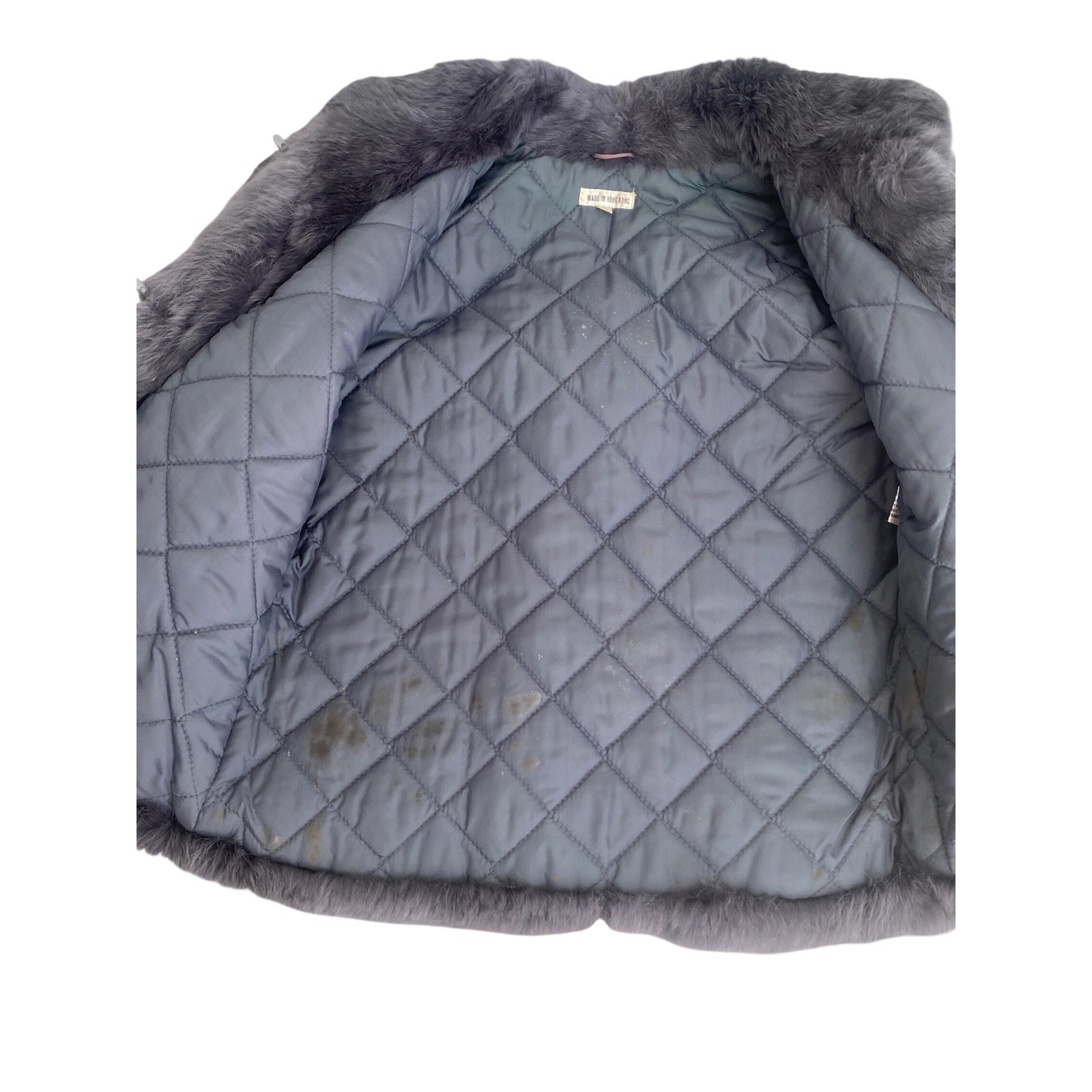 Vintage Gray Rabbit Fur Jacket Cropped Stand Collar Quilted Lining Gray Small
