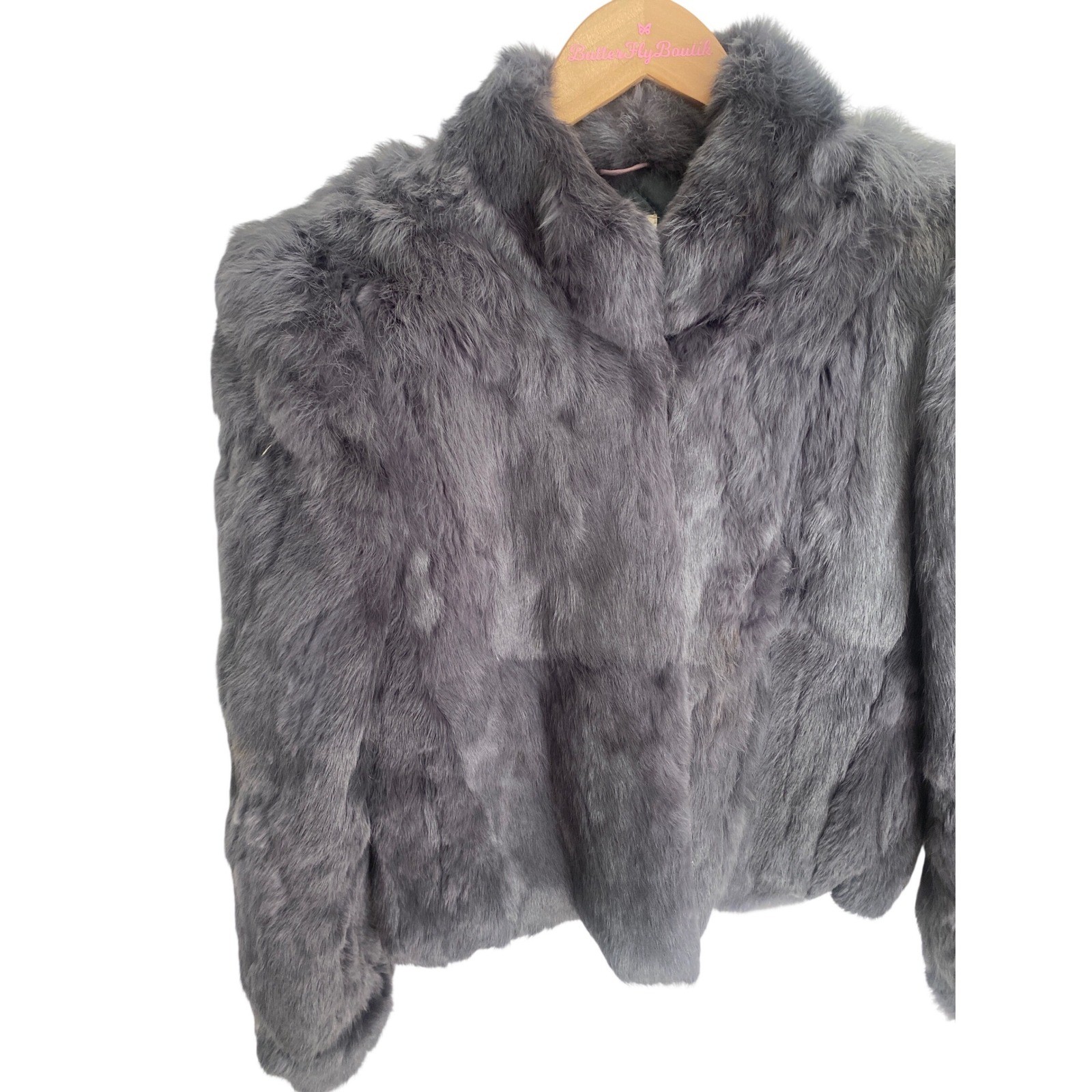 Vintage Gray Rabbit Fur Jacket Cropped Stand Collar Quilted Lining Gray Small