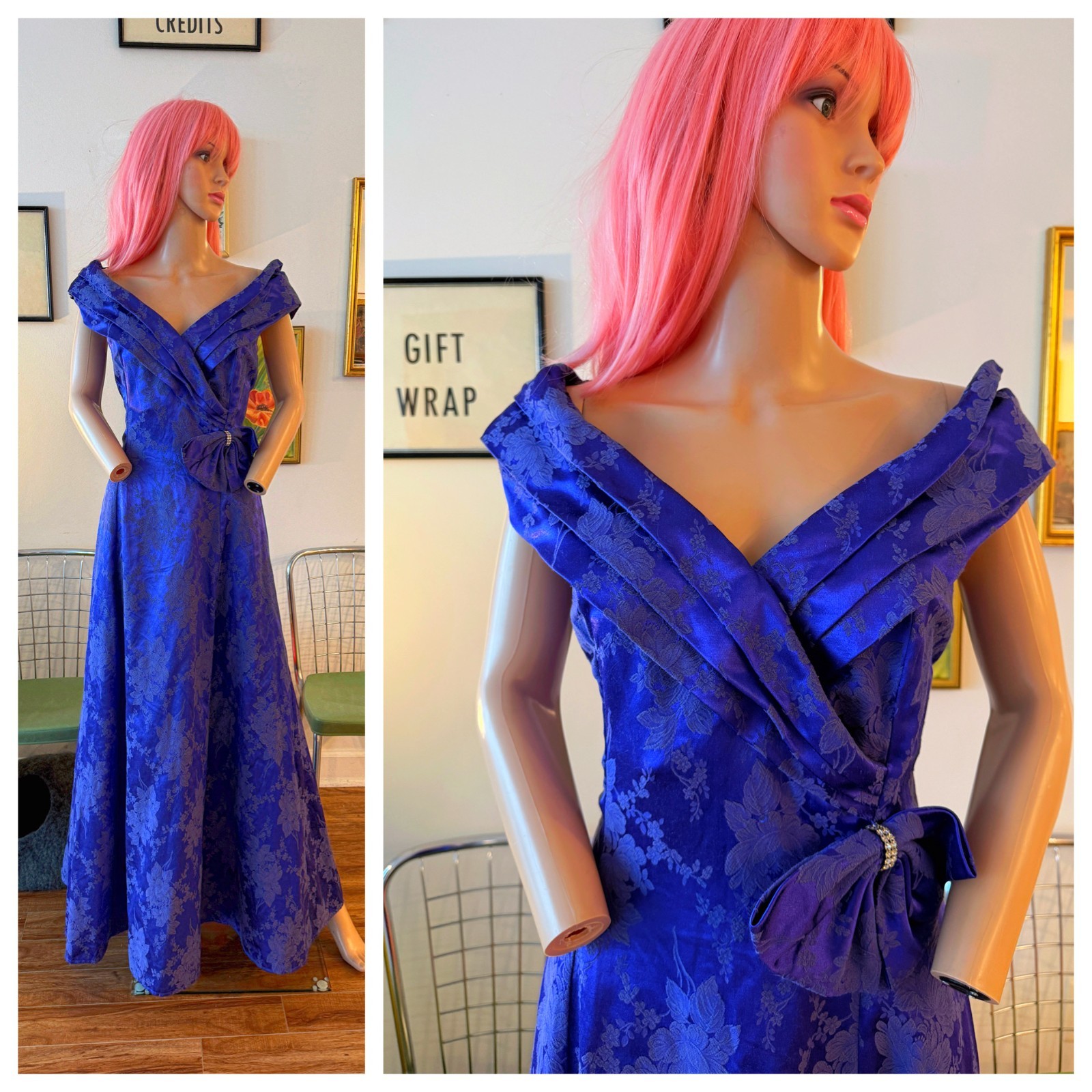 💜 Vtg 80s Party Prom LA Glo Royal Purple Brocade Off Shoulder Princess Dress L