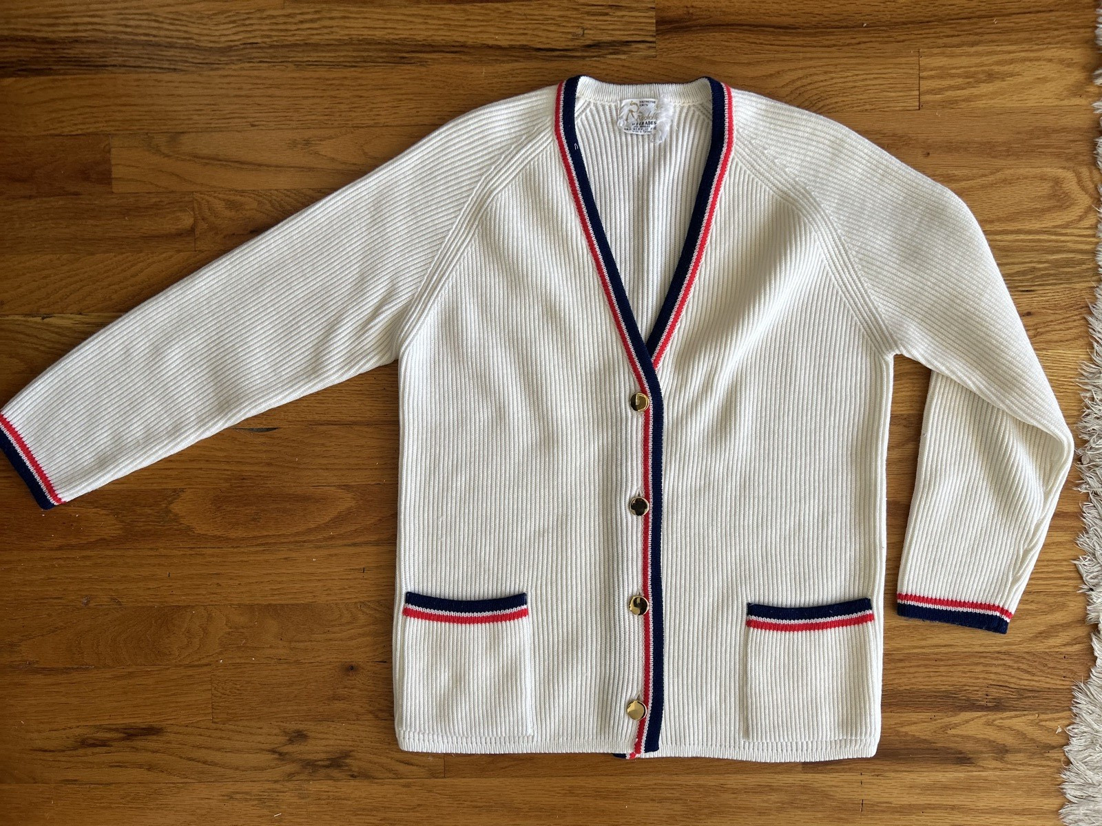 VTG 50s / 60s Rochelle By Serades Varsity Knit Cardigan Sweater White M