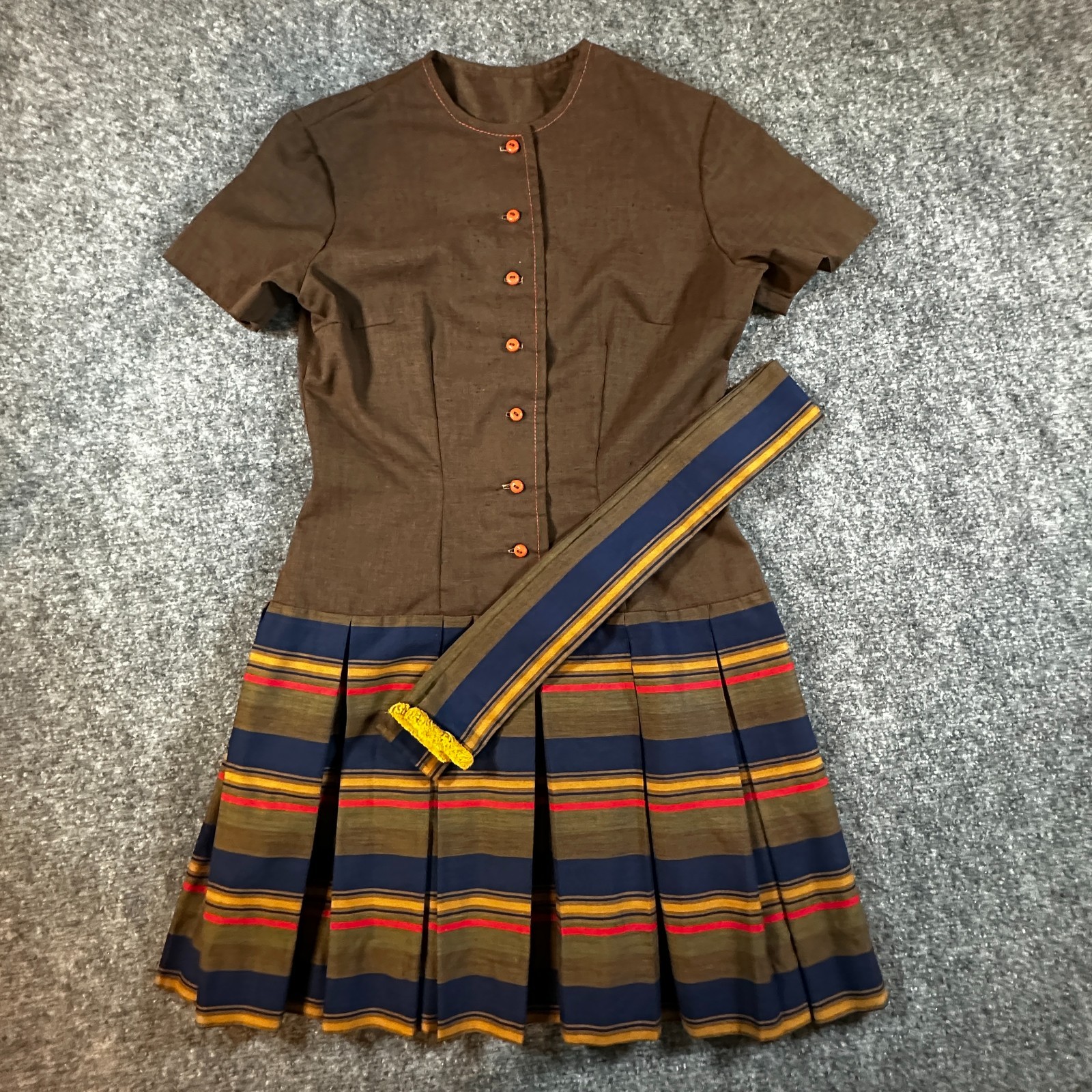 Vintage 60’s Striped Cotton Drop-Waist Box Pleat Dress w/ Belt