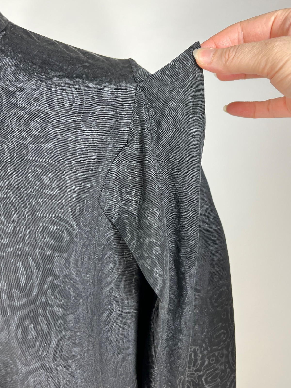 Vintage 1930&rsquo;s black double-faced MOIRE SILK opera coat w/unique shoulder design