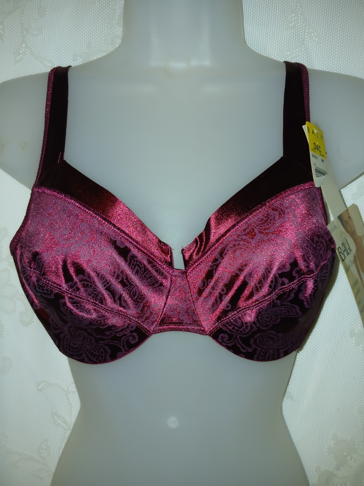 Vintage 80s BALI Burgundy Satin Tracings All Stretch Underwire Bra 34C NWT