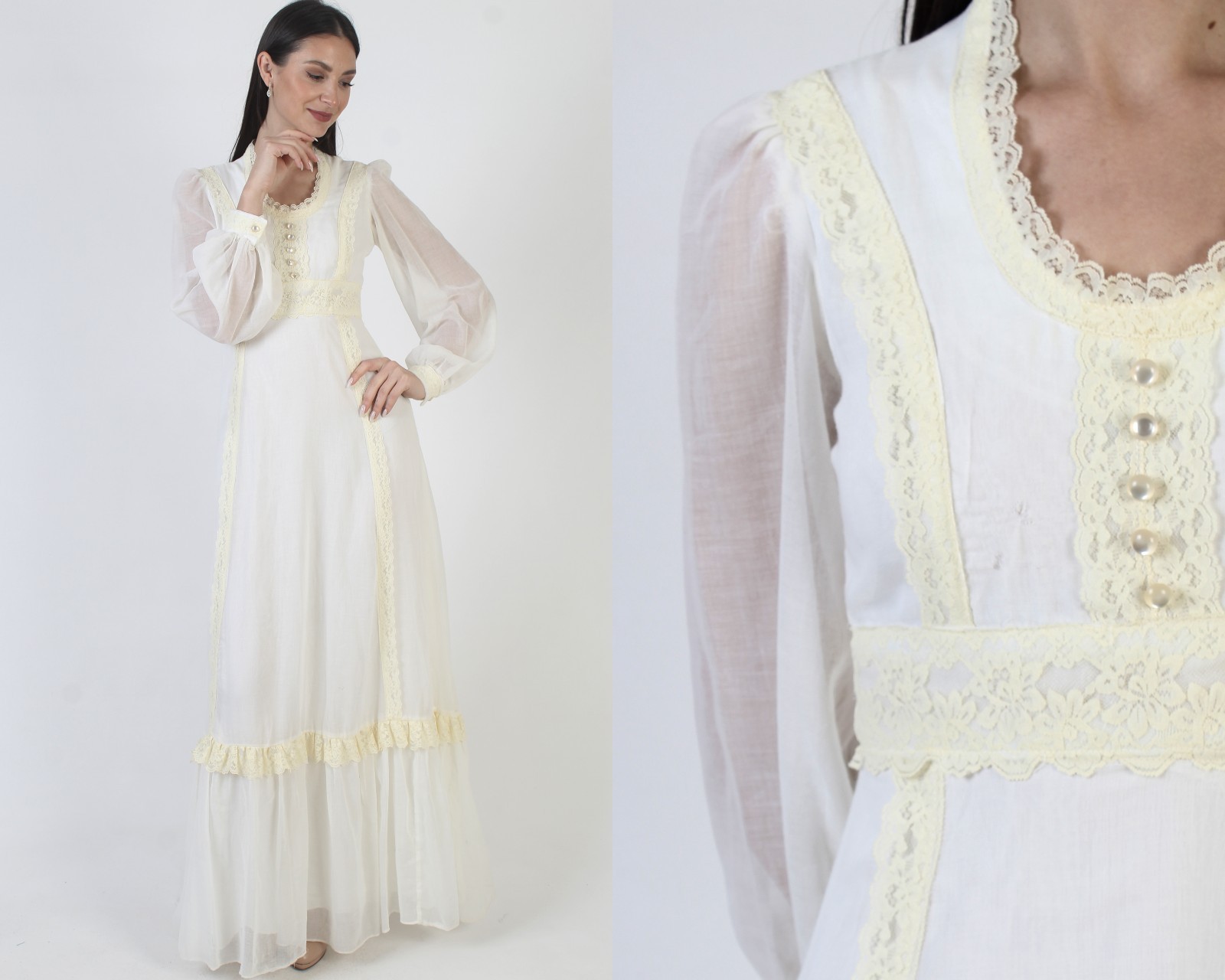 Vintage Cream Prairie Dress Sheer Lace Boho Wedding Bridal Cottage Hippy Gown 9