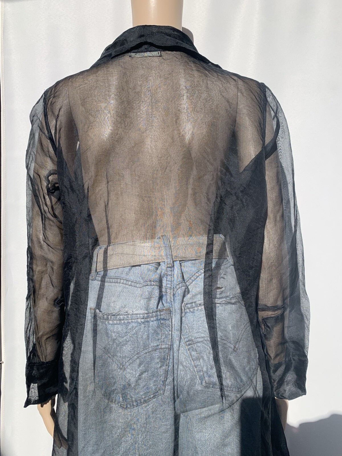 Repaired Vintage Designer Elan Vitale Avant Garde Sheer Black Rayon Duster Coat