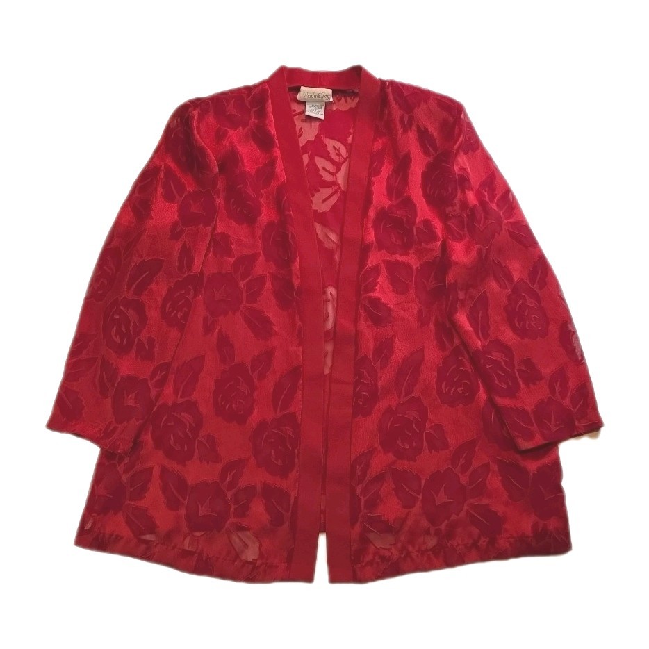 Vintage Red Pide & Joy Rose Print Chiffon Open Cardigan – Size 22