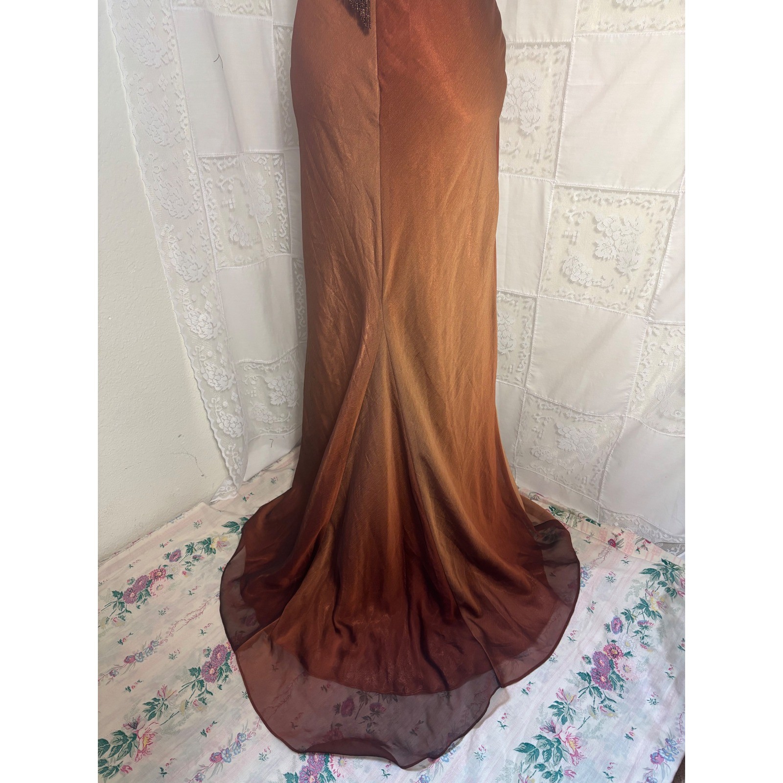 VTG Brown Copper Ombre Plunge Neck Halter Beaded Floor Length Gown Size XS