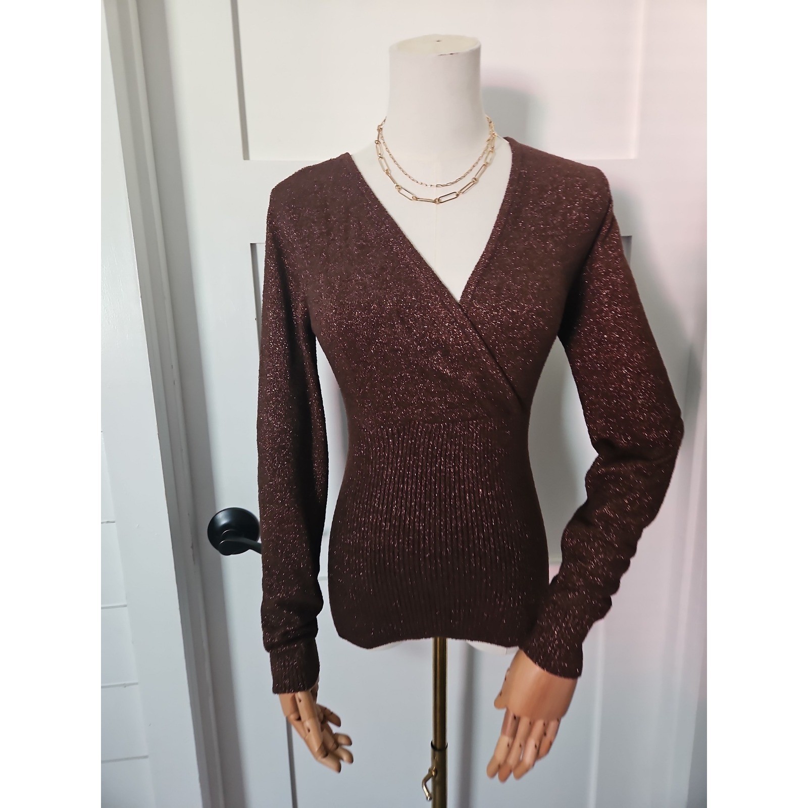 Caché Metallic Knit Top M Medium Bronze Brown Glitter Shimmer Wrap Sweater VTG