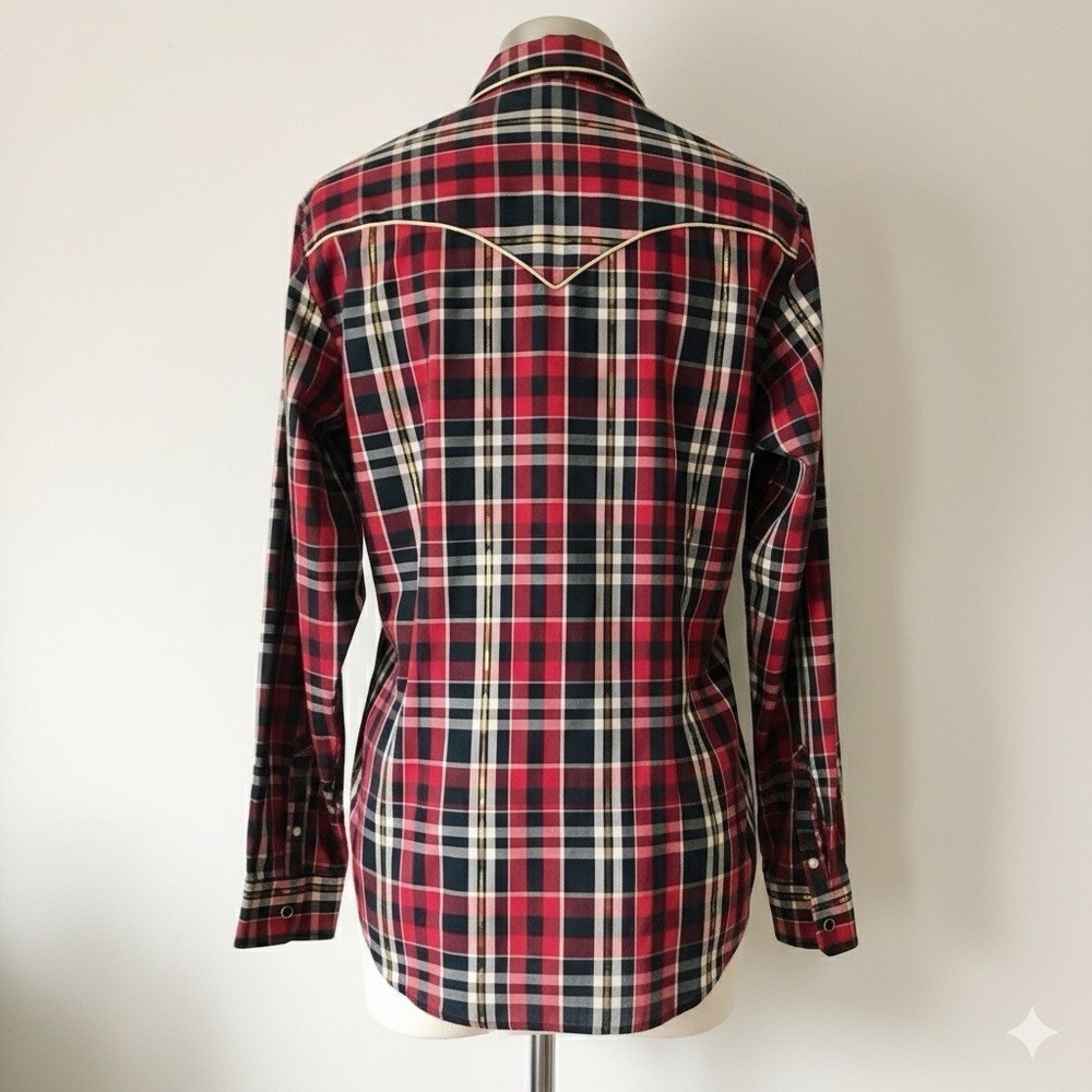 80s Kenny Rogers Western Plaid Button Down Piped Yoke Rodeo Chic Pearl Snap Sz M