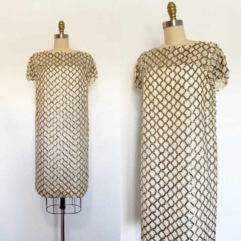 1960s Cocktail Dress / 1960s Party Dress / 1960s Sequin Dress / Size Large